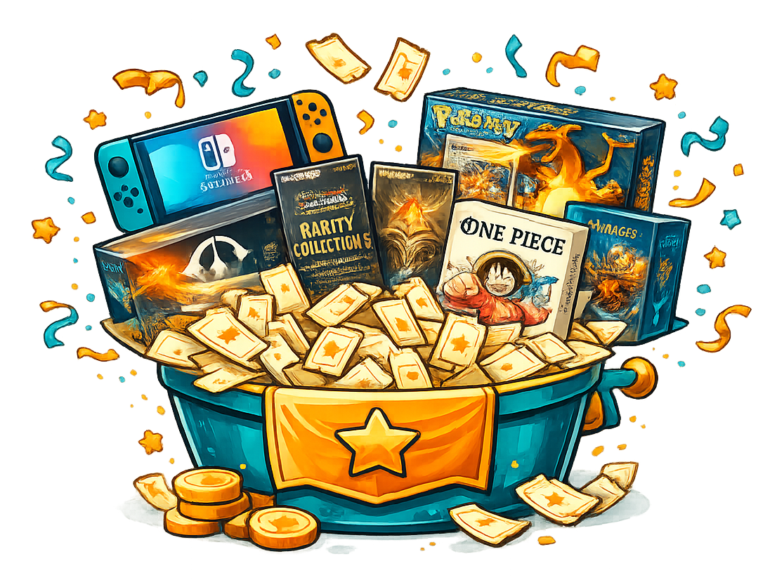 Verloste Preise: Nintendo Switch 2, Yu-Gi-Oh! Display, Pokémon Glurak-ex, Magic Booster, One Piece Box